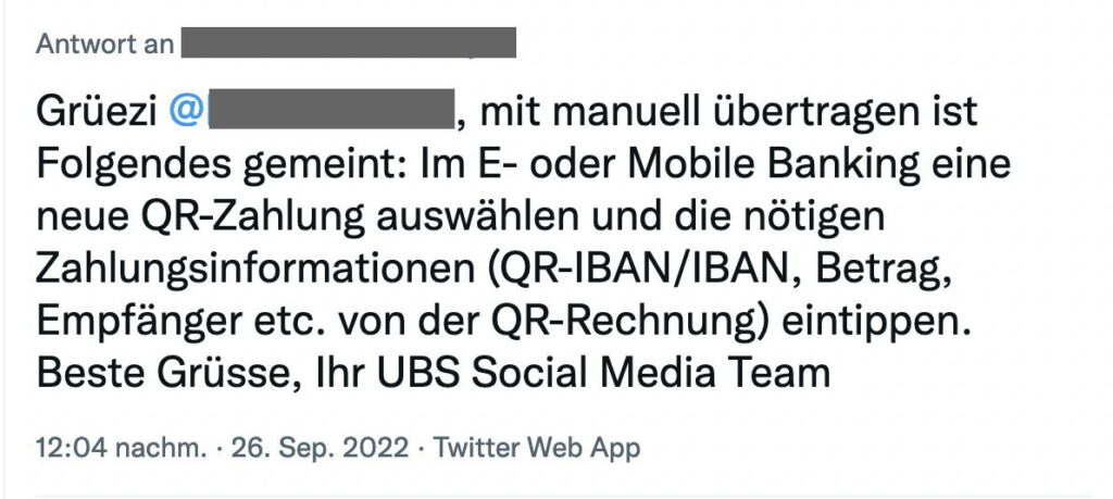 QR-Code Verarbeitung in der Banking App der UBS geht nur manuell.