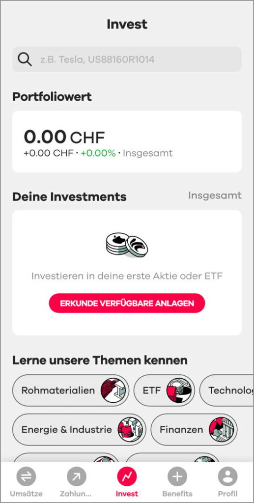 Mit Neon App investieren: Menü neon invest