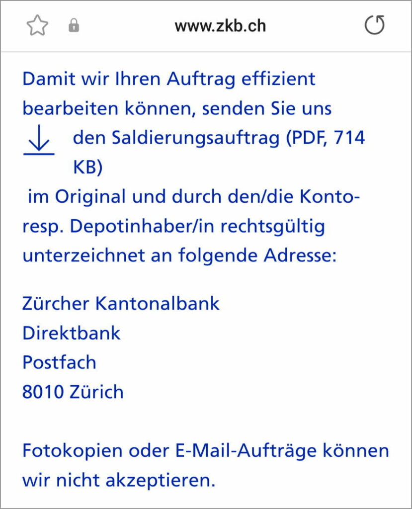 Zürcher Kantonalbank: Konto saldieren mit der Post.