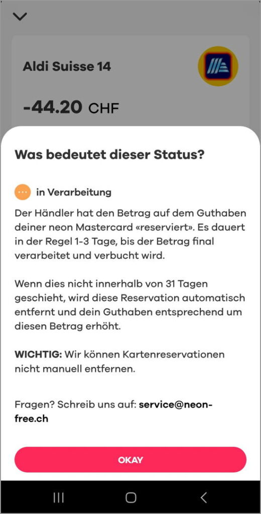 Kreditkartenbuchung reserviert – erklärt am Beispiel der Handybank Neon.