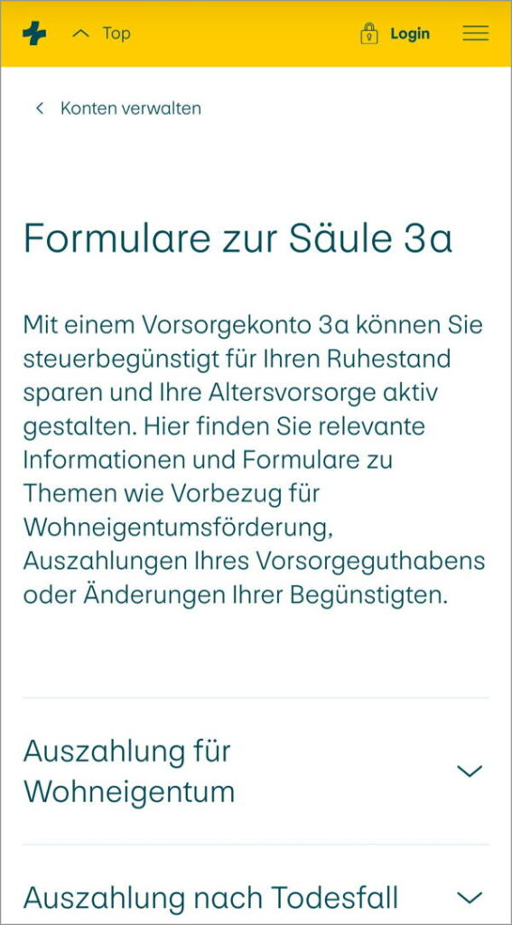 3a Konto auflösen AHV Alter – Vorbild Postfinance, alle Dokumente online einsehbar