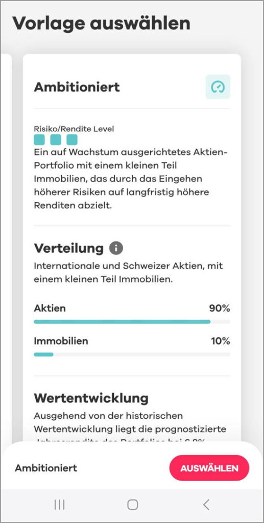 Neon Invest Sparplan Vorlagen: Im Bild die Vorlage Ambitioniert mit einer Aktienquote von 90%